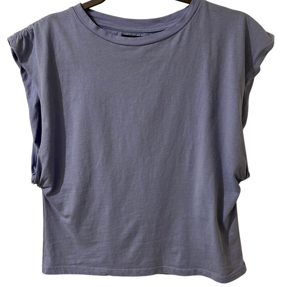 Deluc Ruched Cap Sleeve Scoop Neck Muscle Top, Blue, size S